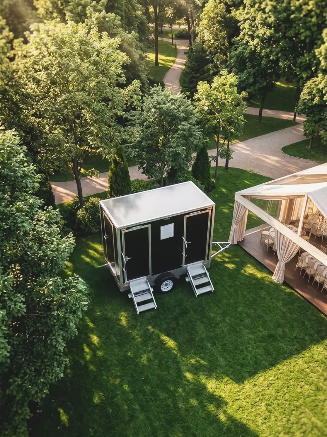 Two-stall restroom trailer with steps parked on a lawn beside a white event tent